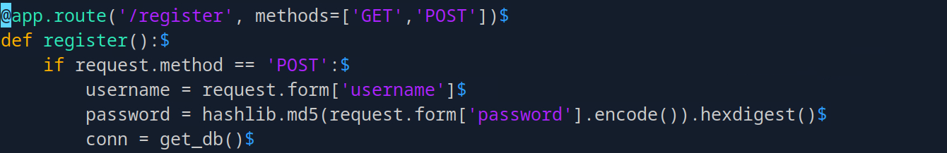 MD5 password hashing in registration route